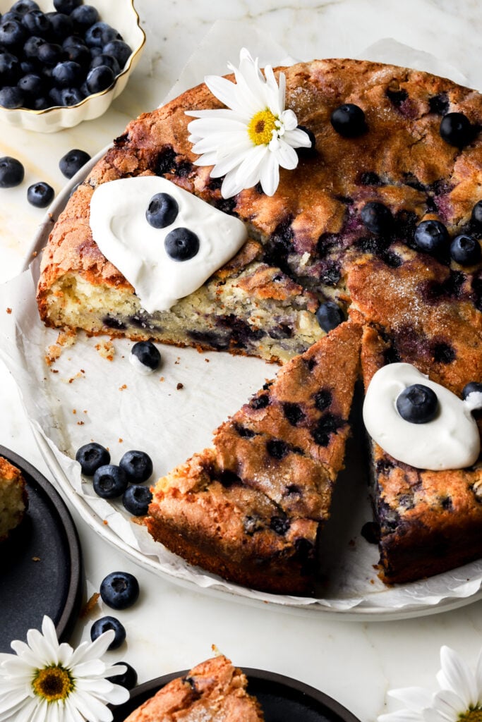 blueberry muffin cake with whipped cream and fresh flowers