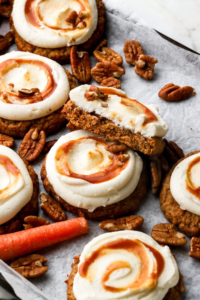 carrot cake cookies frosted with cream cheese frosting 
