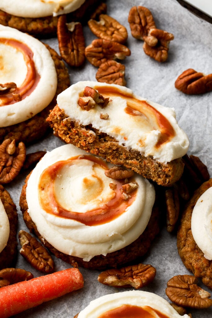 carrot cake cookies cut in half to show inside