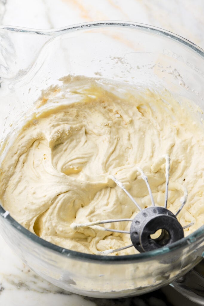 flour added to the cake batter