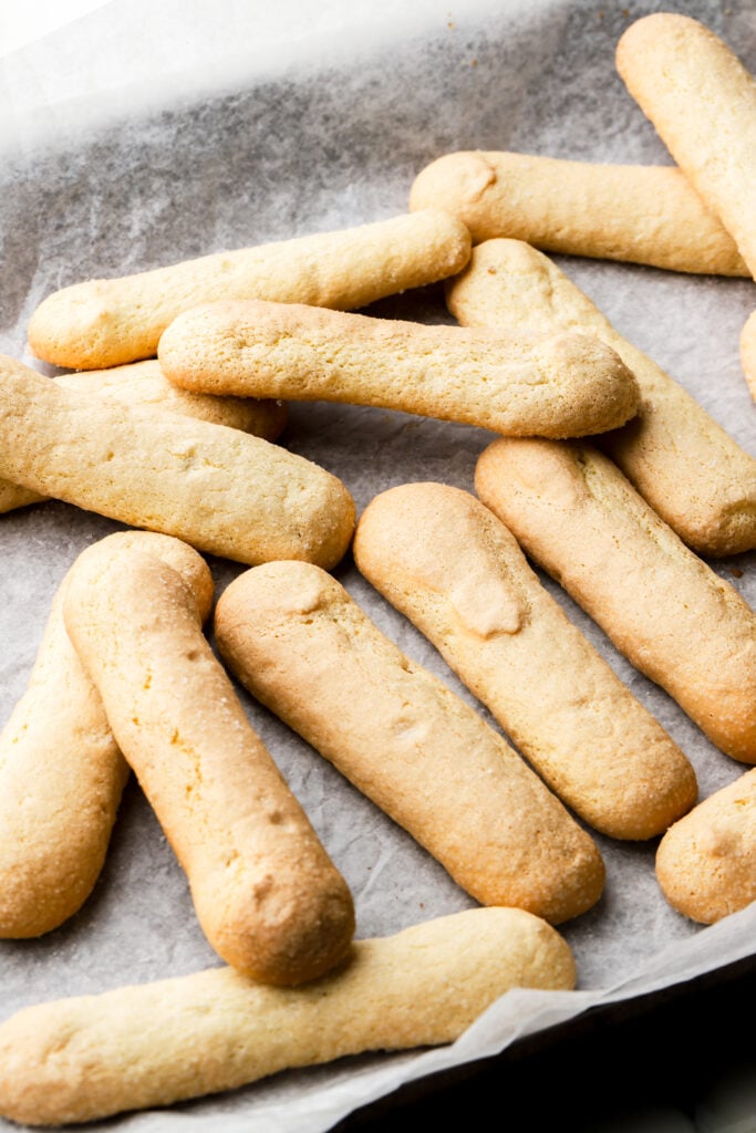 lady fingers/savioardi biscuits on a cookie sheet