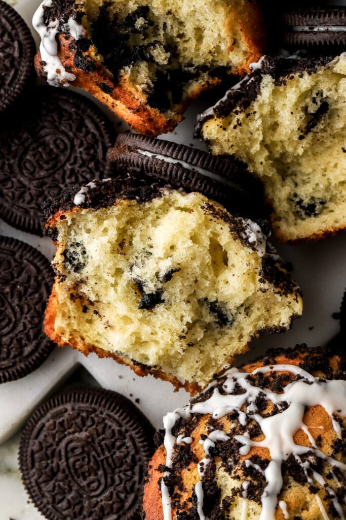 oreo muffins ripped open to show the inside