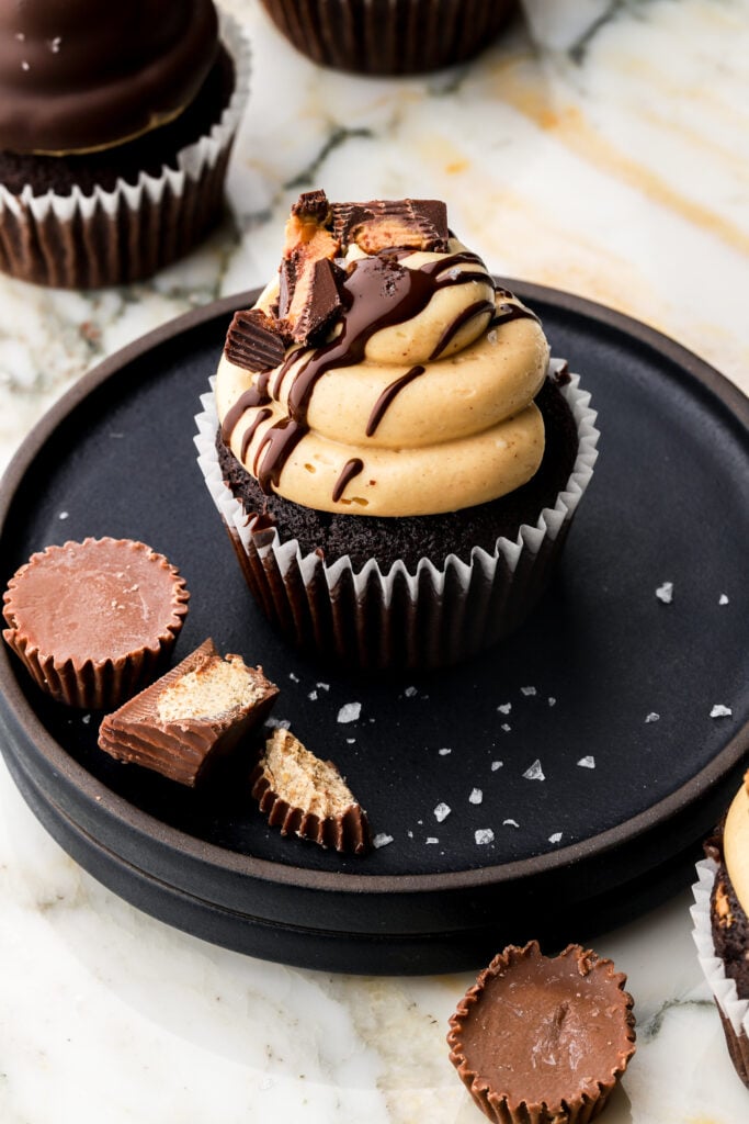 chocolate peanut butter cupcake drizzled with chocolate