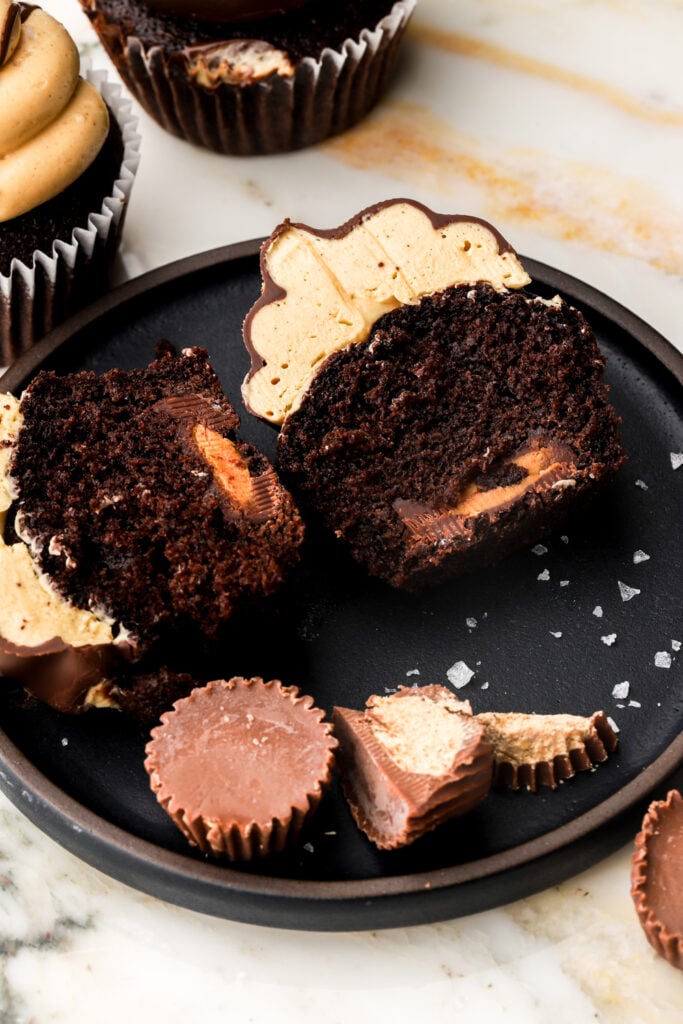 reese's peanut butter cupcakes sliced in half