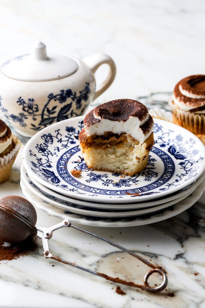 tiramisu cupcake on a blue floral plate