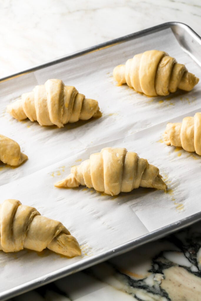 croissants finished proofing and egg washed