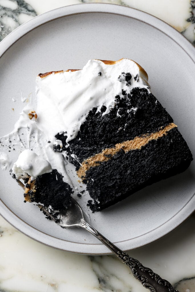 slice of chocolate s'mores cake on a plate with a bite taken out