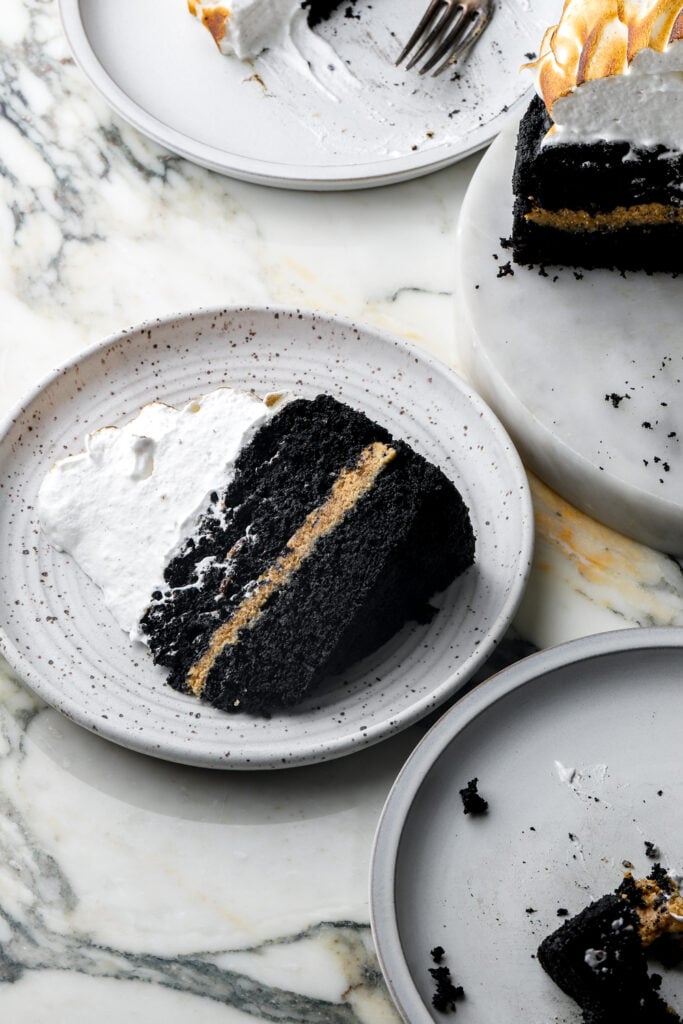 slice of chocolate s'mores cake on plate