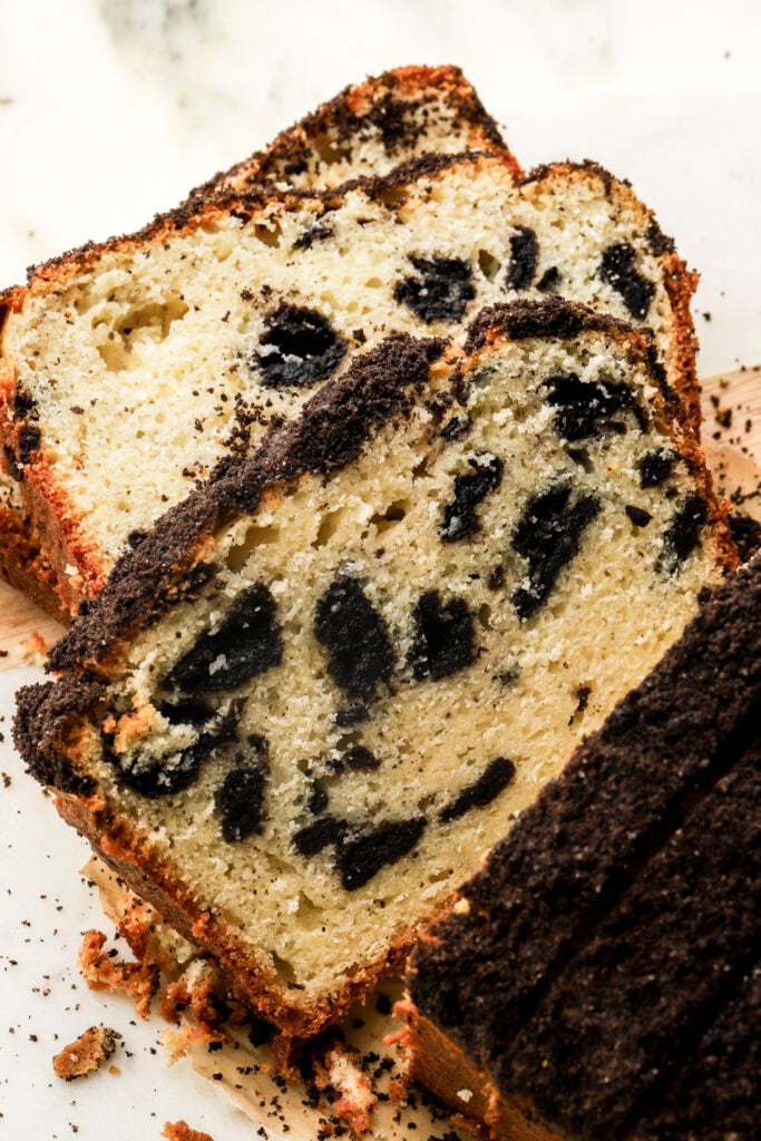 oreo loaf cake sliced