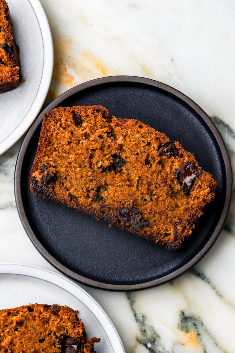 slice of pumpkin chocolate chip bread on a plate