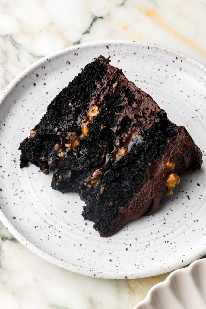 slice of turtle cake on a plate