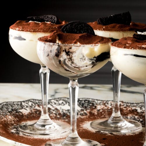 oreo tiramisu in a coupe glass