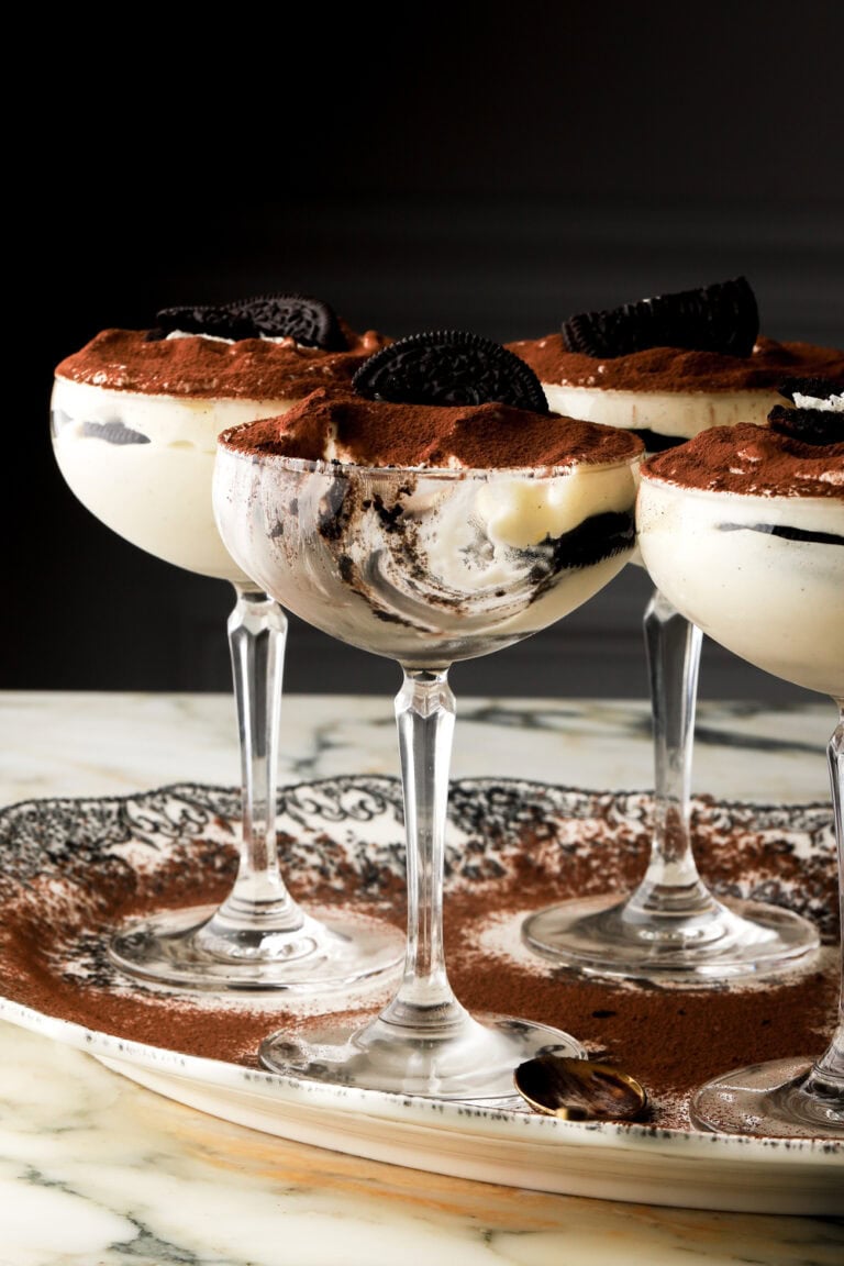 oreo tiramisu in a coupe glass