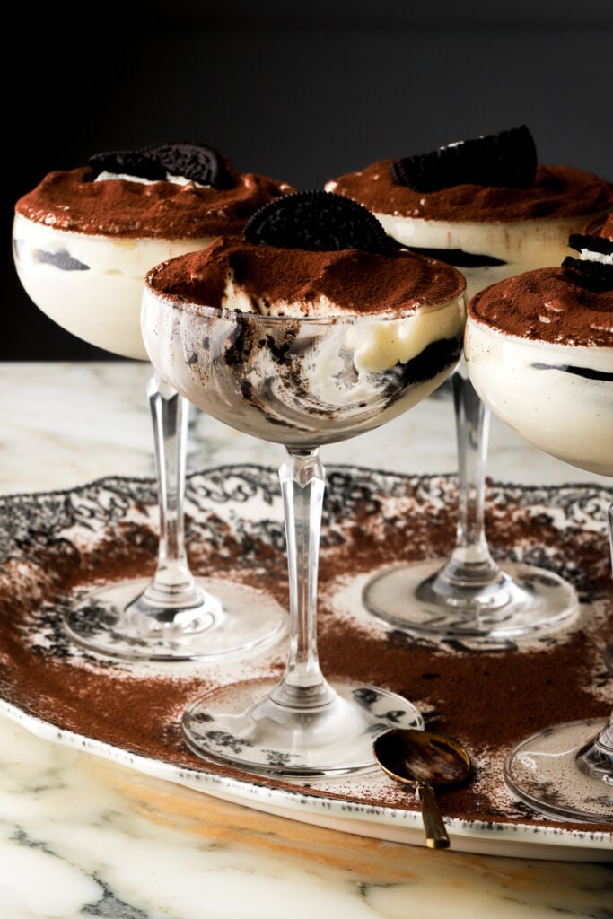 oreo tiramisu in a coupe glass