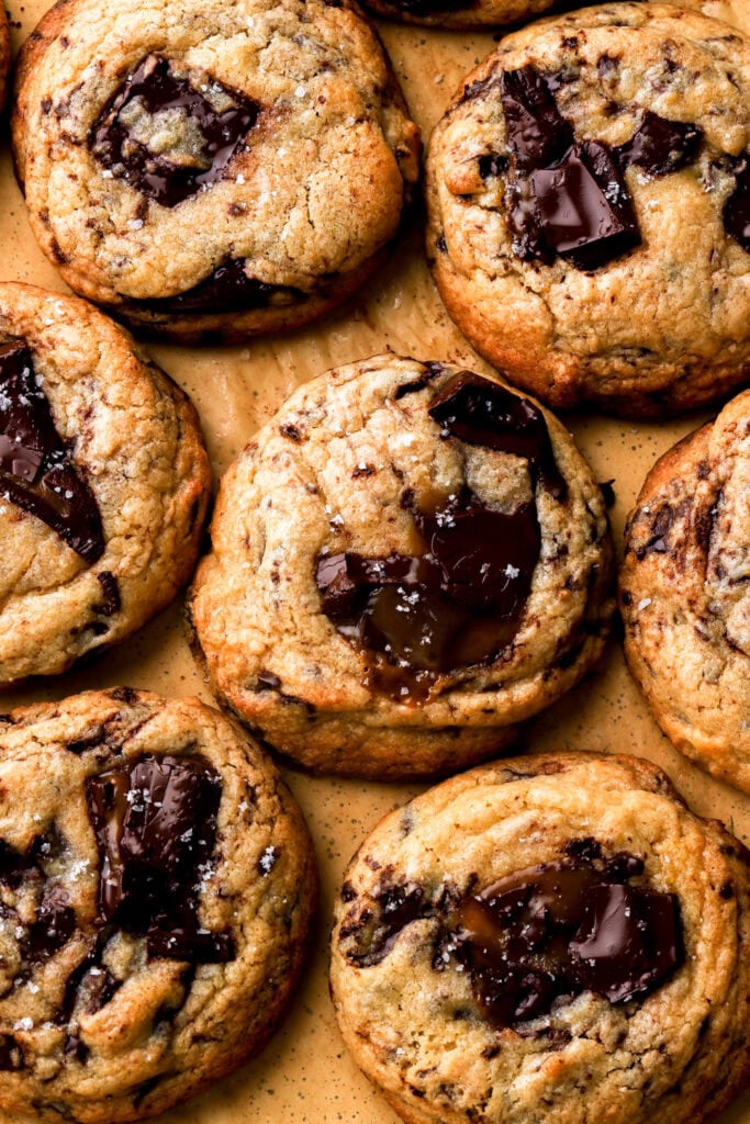 brown butter chocolate chip cookies on a cookie sheet