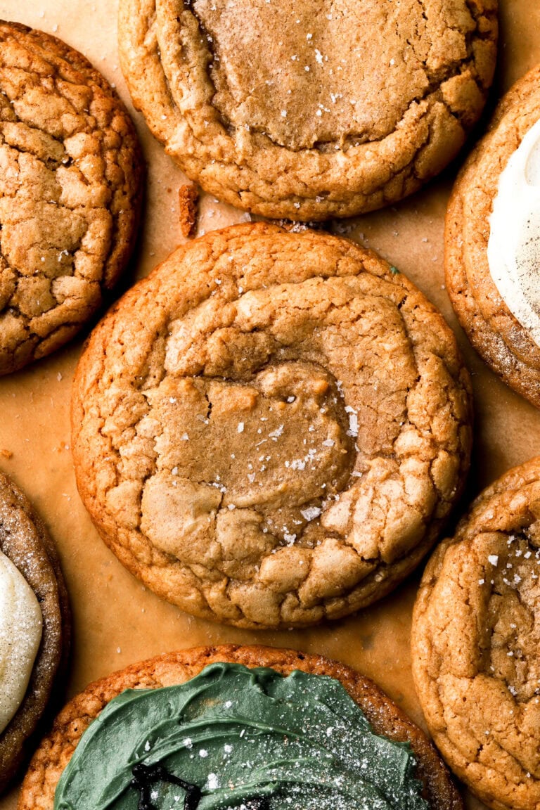 close up of brown sugar cookies with sea salt on top