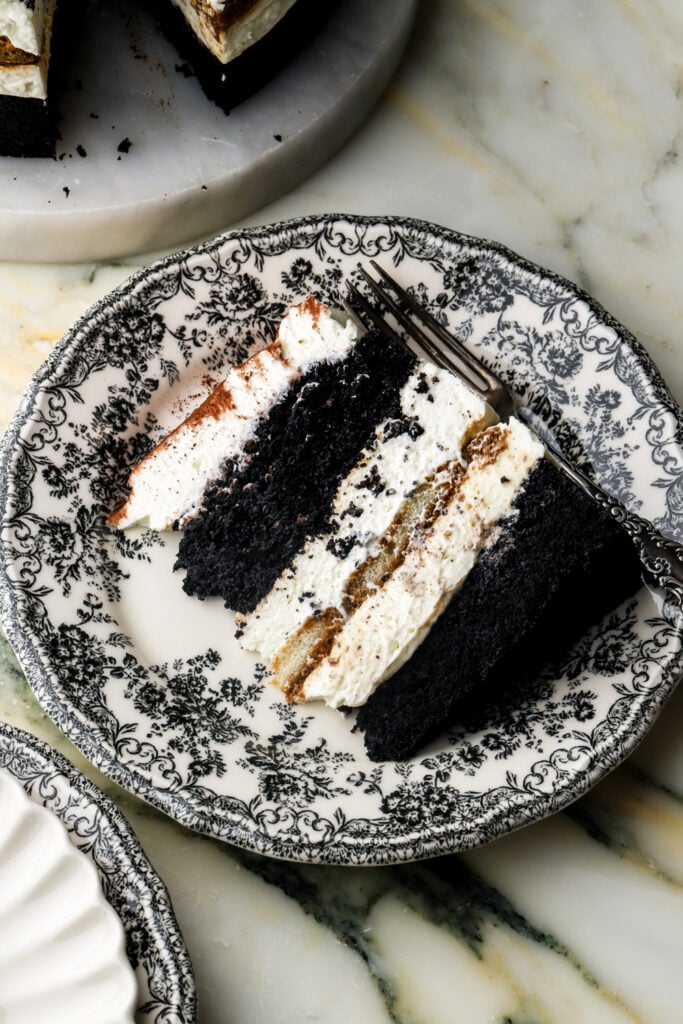 slice of chocolate tiramisu cake on a plate