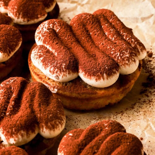 espresso soaked tiramisu donuts frosted with mascarpone cream and dusted with cocoa powder