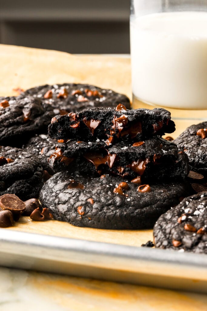 fudgy black cocoa cookies stuffed with chocolate chips