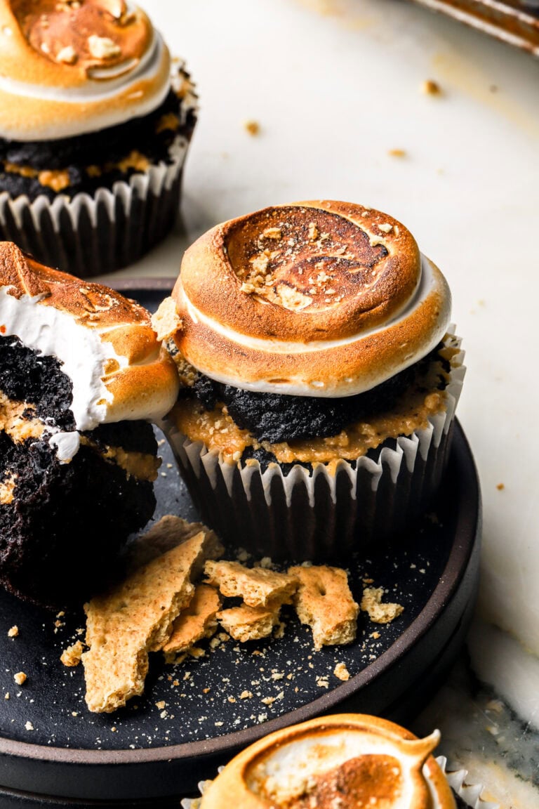 chocolate s'mores cupcake with toasted meringue on top