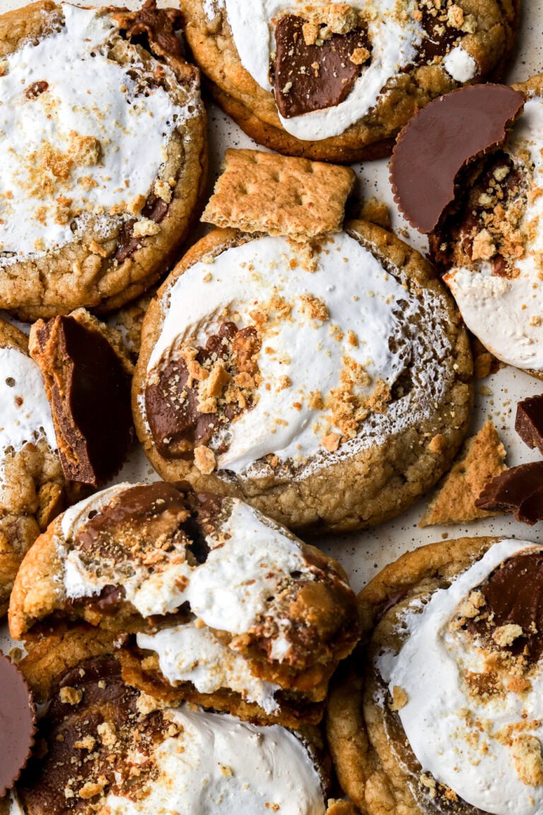 peanut butter s'mores cookies on a cookie sheet