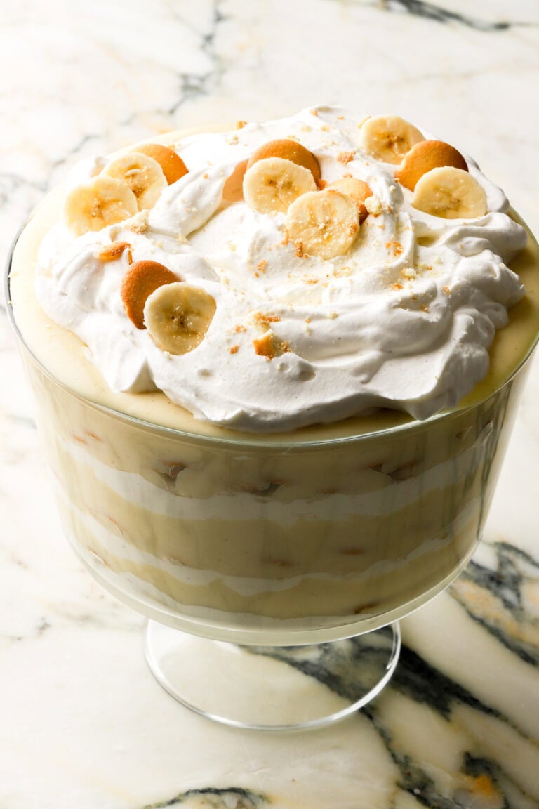 Banana pudding fully assembled in a trifle dish