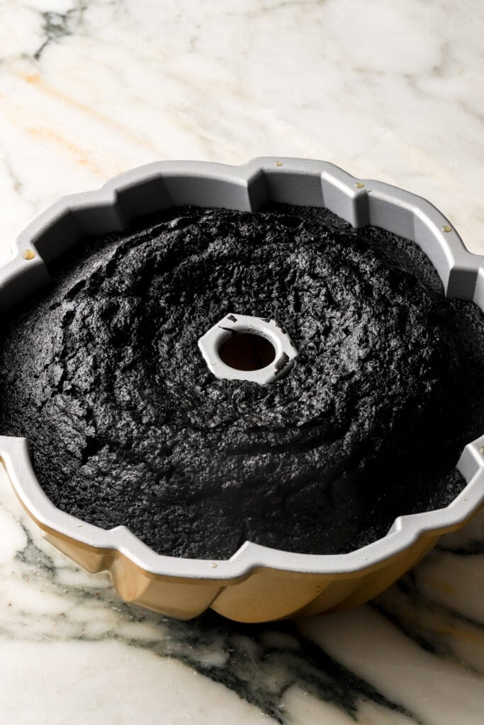 black cocoa cake baked in bundt pan