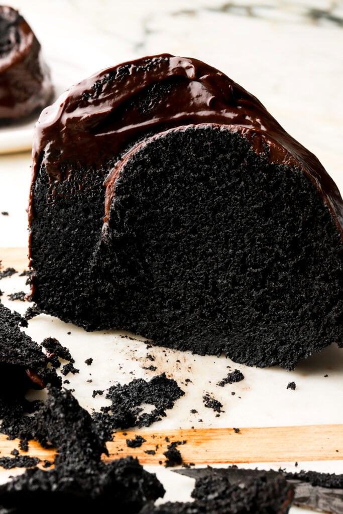 black cocoa cake sliced to show inside