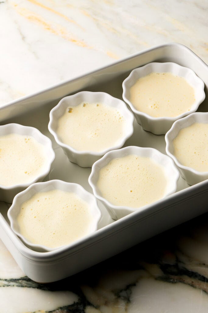 creme brulee mixture in ramekins