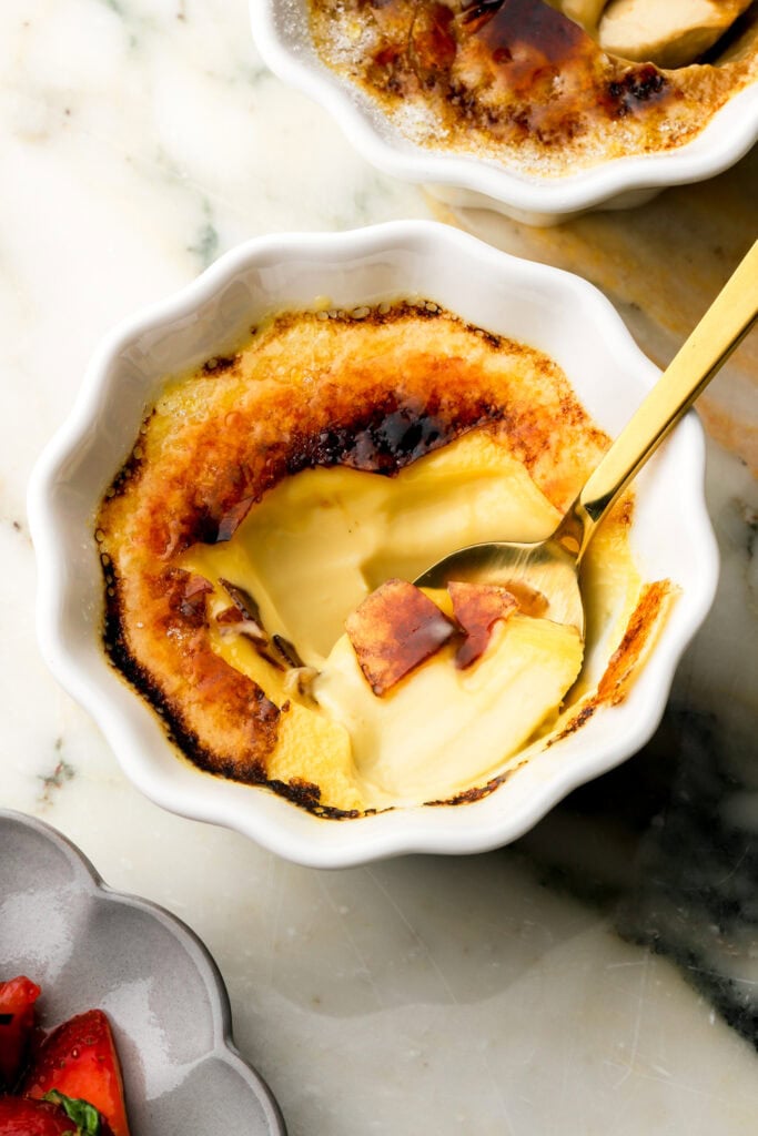 close up of vanilla creme brulee showing the inside texture