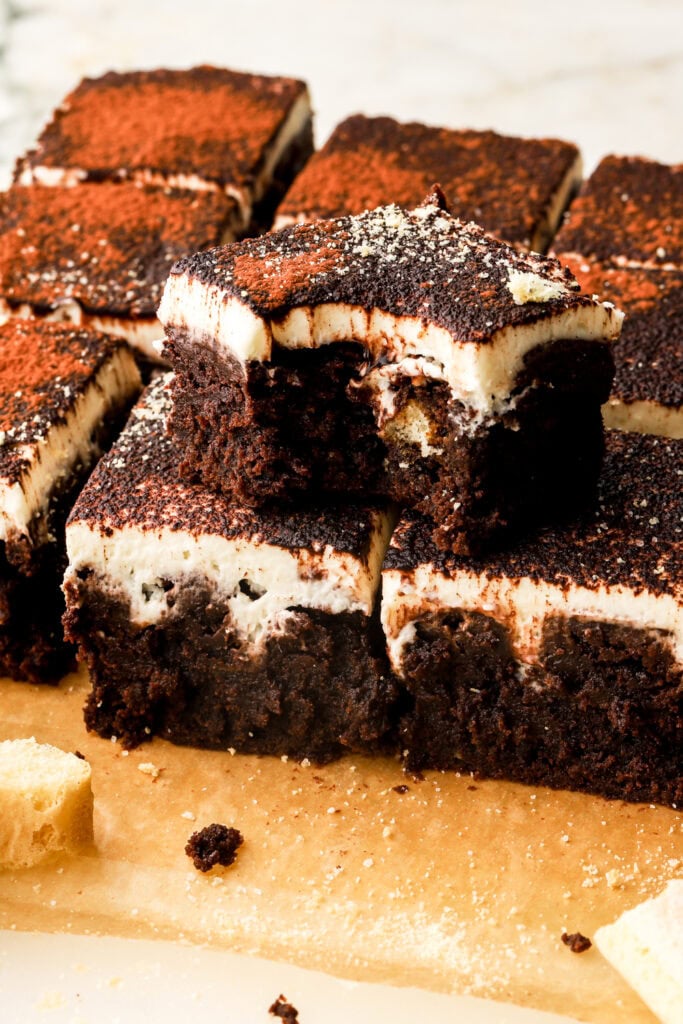 Tiramisu brownies slice and close up with a bite taken out