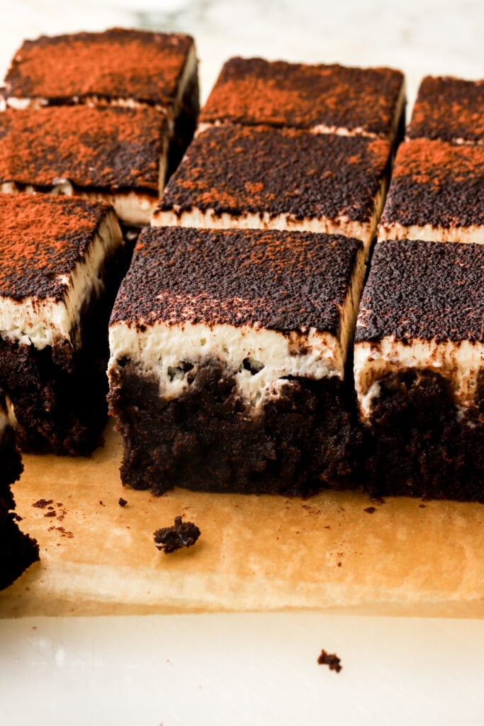 close up of sliced tiramisu brownies