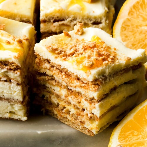 slice of lemon icebox cake showing the inside layers.