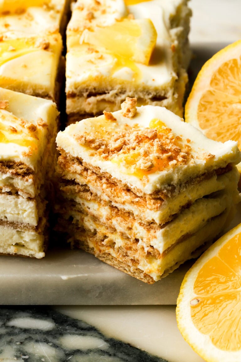 slice of lemon icebox cake showing the inside layers.