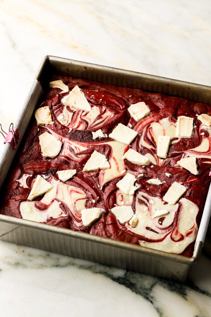 finished brownies topped with white chocolate chunks