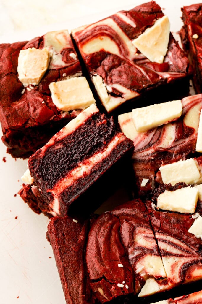 slice of red velvet cheesecake brownies on it's side