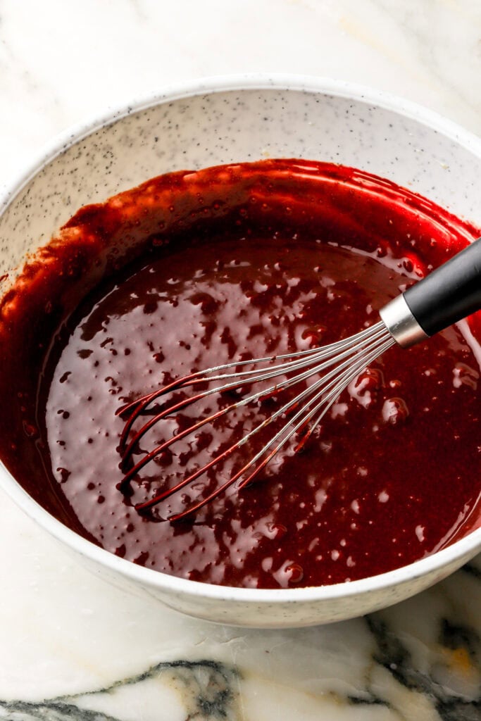 melted chocolate whisked into egg mixture