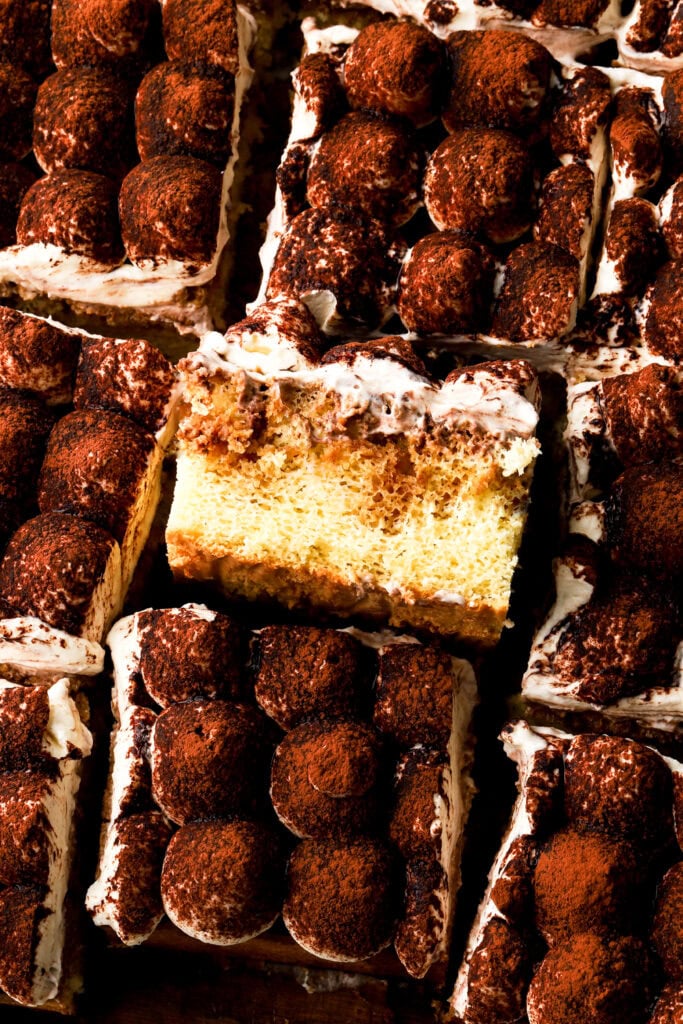 close up of tiramisu sheet cake with one on it's side