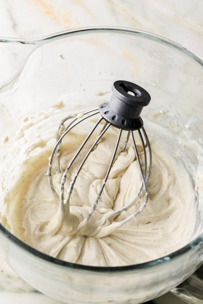 cream cheese frosting finished, in the bowl
