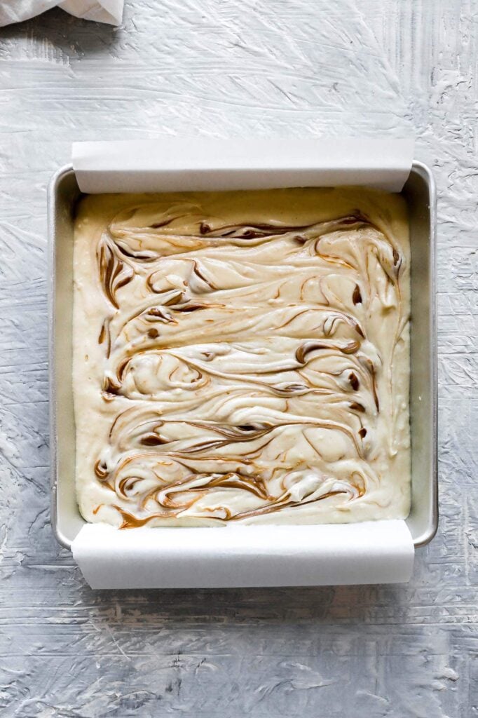 use a knife to swirl cookie butter into batter