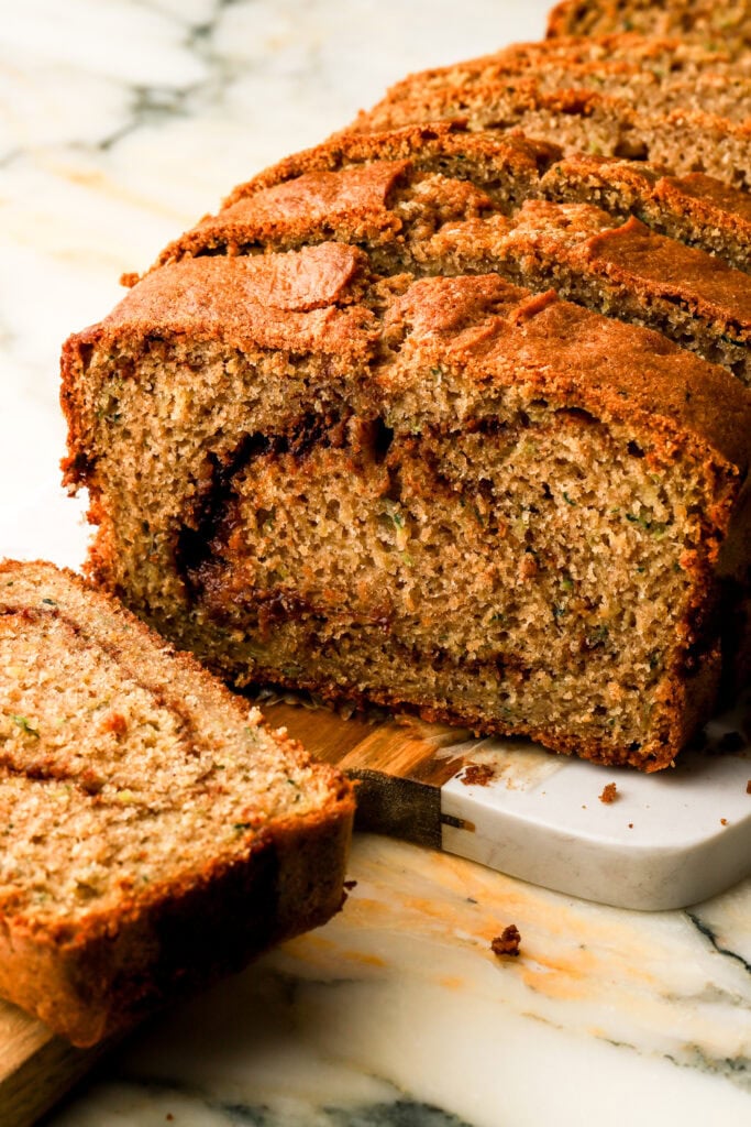 zucchini bread with a cinnamon swirl in the center