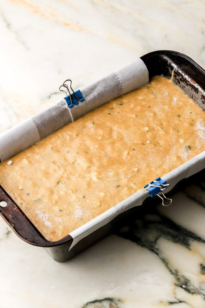 finished batter in prepared loaf pan