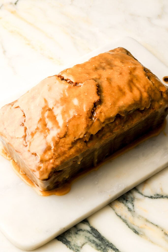 banana zucchini bread topped with brown sugar glaze