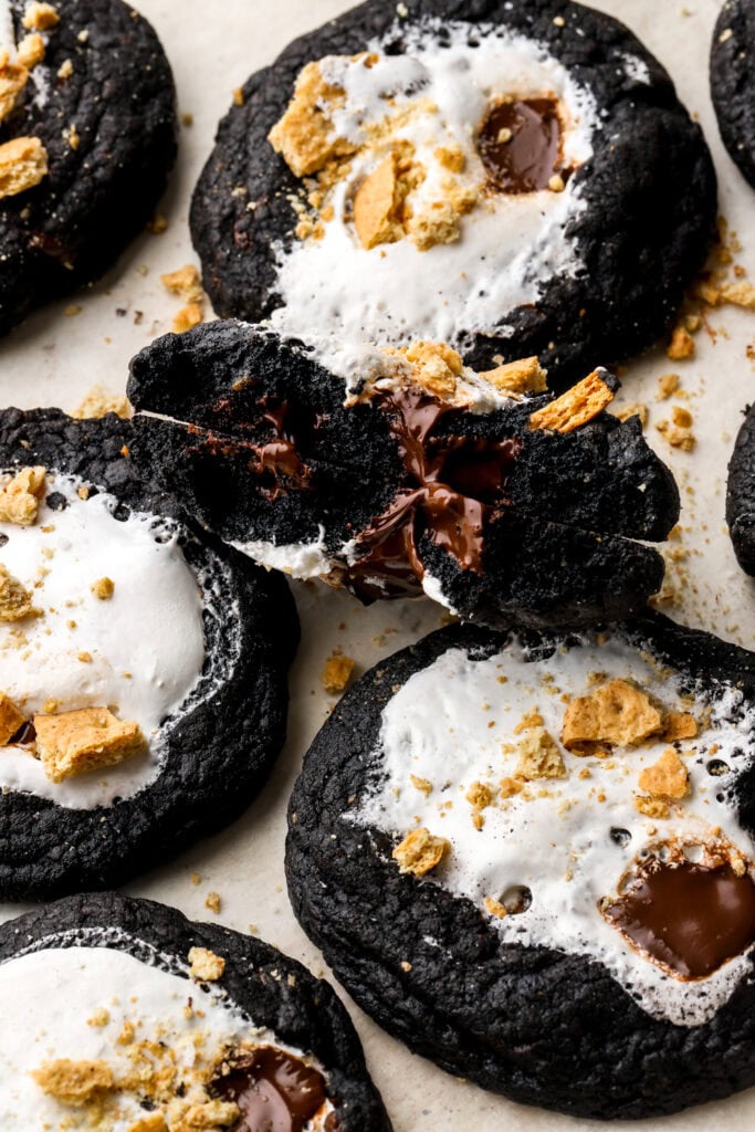 close up of the inside of a chocolate s'mores cookies