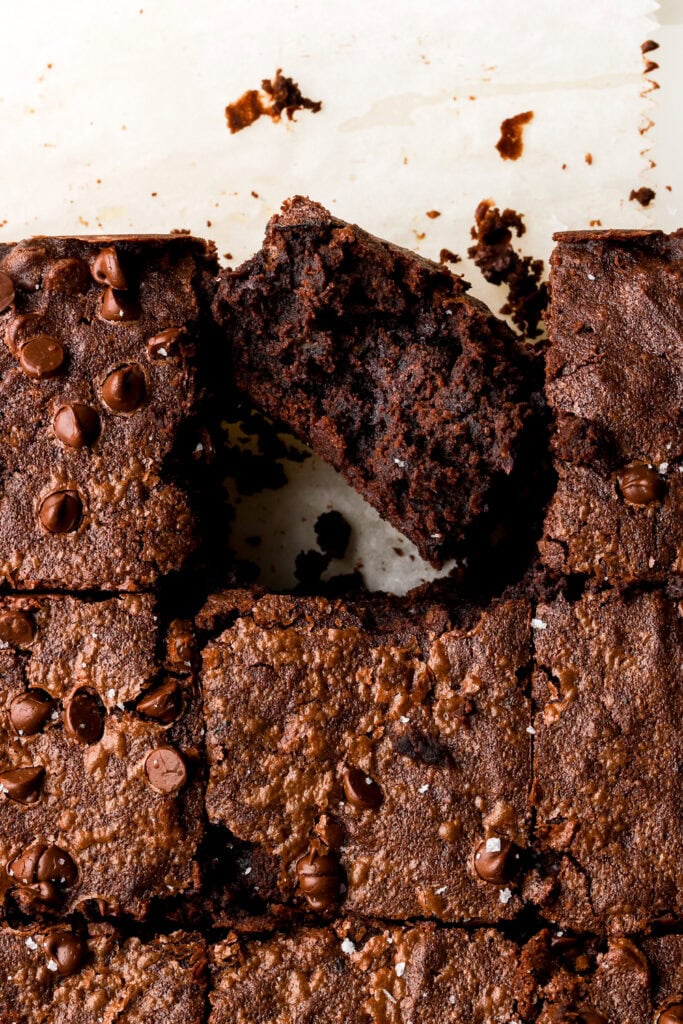 close up of a slice of zucchini brownie with a bite taken out