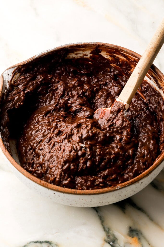 shredded zucchini and chocolate chips folded into batter