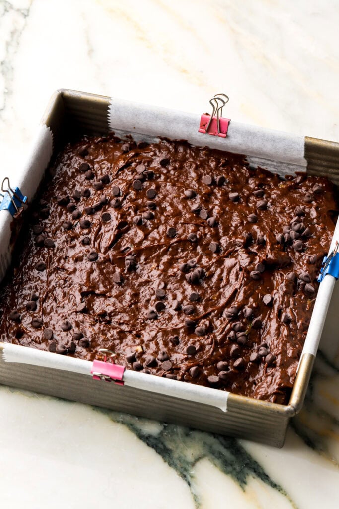 zucchini brownie batter in prepared pan
