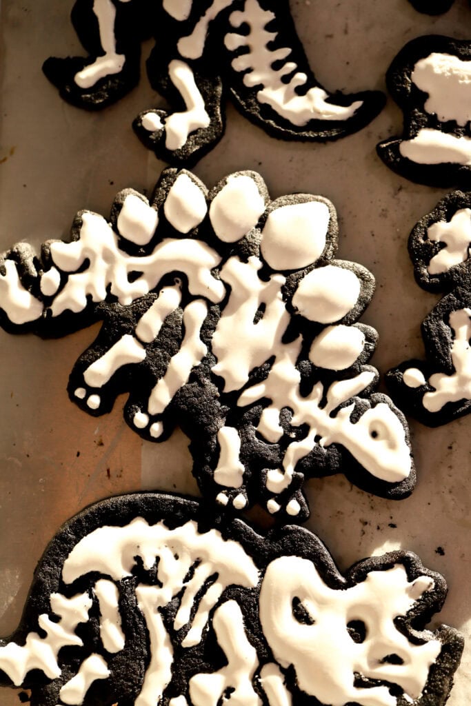 black cocoa sugar cookie cut into the shape of dinosaur and icing piped as bones