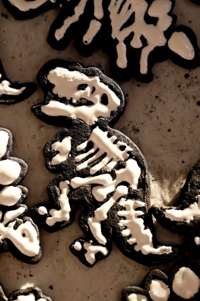 black cocoa sugar cookie cut into the shape of a trex and icing piped as bones