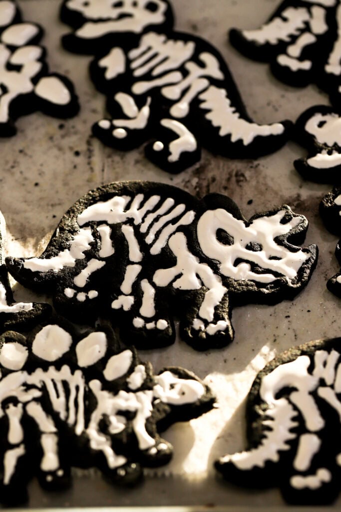 black cocoa sugar cookie cut into the shape of dinosaur and icing piped as bones